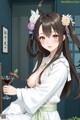 A woman in a white kimono holding a glass of wine.