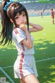 A girl in a white shirt and shorts standing on a soccer field.