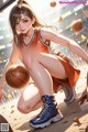 A girl in a basketball uniform crouching on the ground with a basketball.