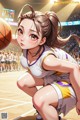 A girl in a basketball uniform crouching on a basketball court.